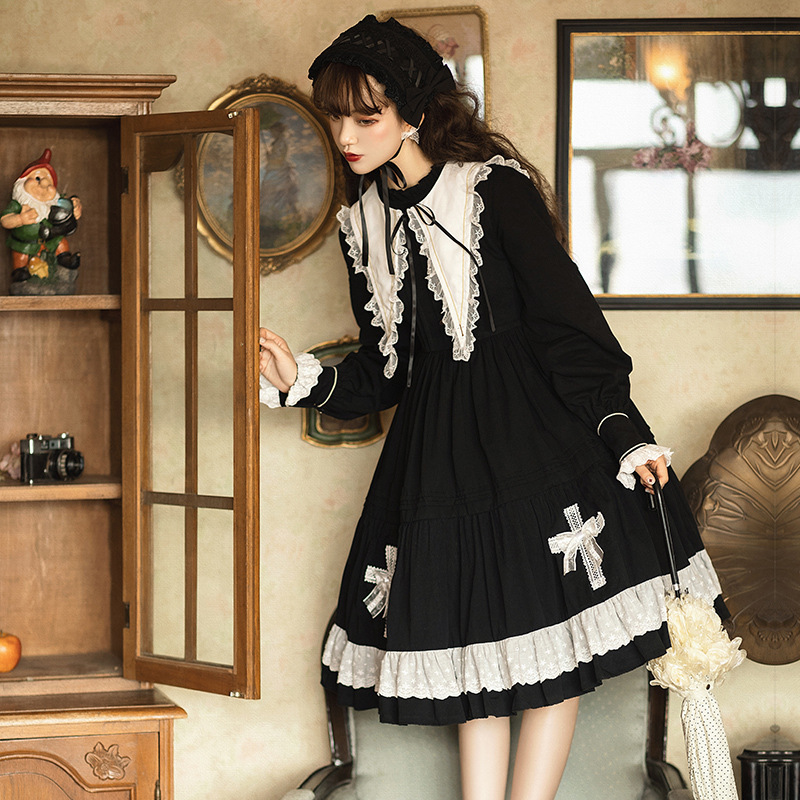 ロリータ ゴシック ワンピース 秋冬 黒ロリ ゴスロリ クロス 十字架 