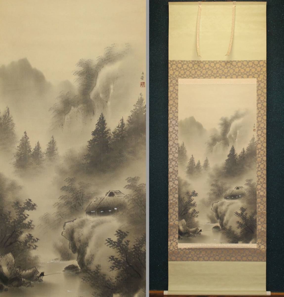 【真作】掛軸　春景山水図　松岩と川辺の風情　日本画　水墨彩色　合箱入　W30 山水図 川合玉堂 - 掛軸 四季山水 複製] | 明治 絵画 水墨画 工芸 川合