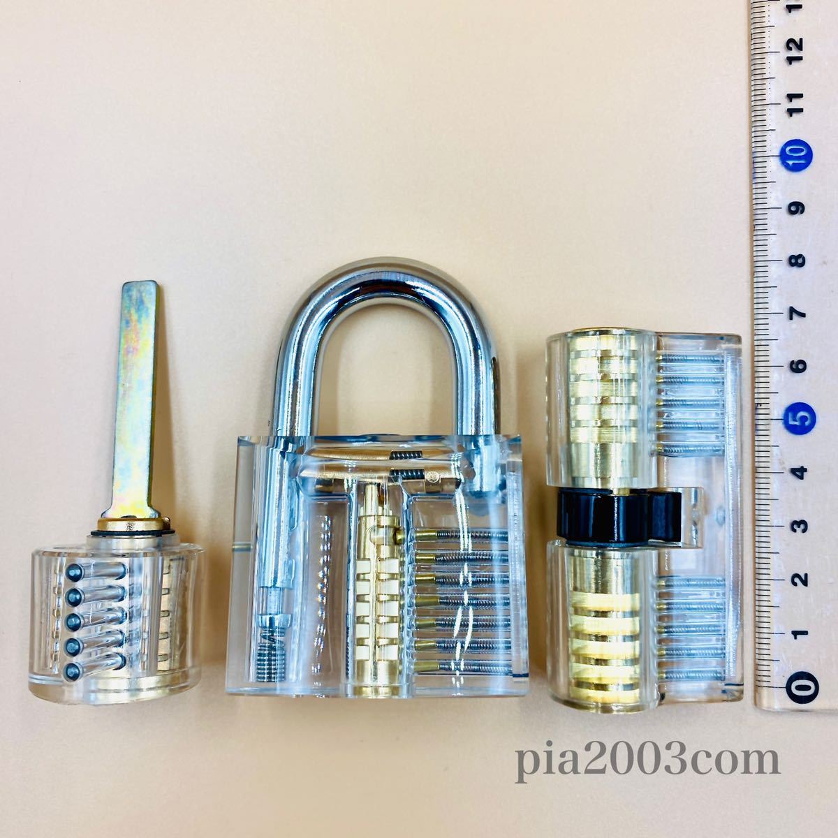 3点セット スケルトン 鍵 クリア南京錠 内部が見える タンブラー 透明 ピッキングツール対策 鍵師 工具 防犯 鍵開け 解錠練習 スペアキー_8