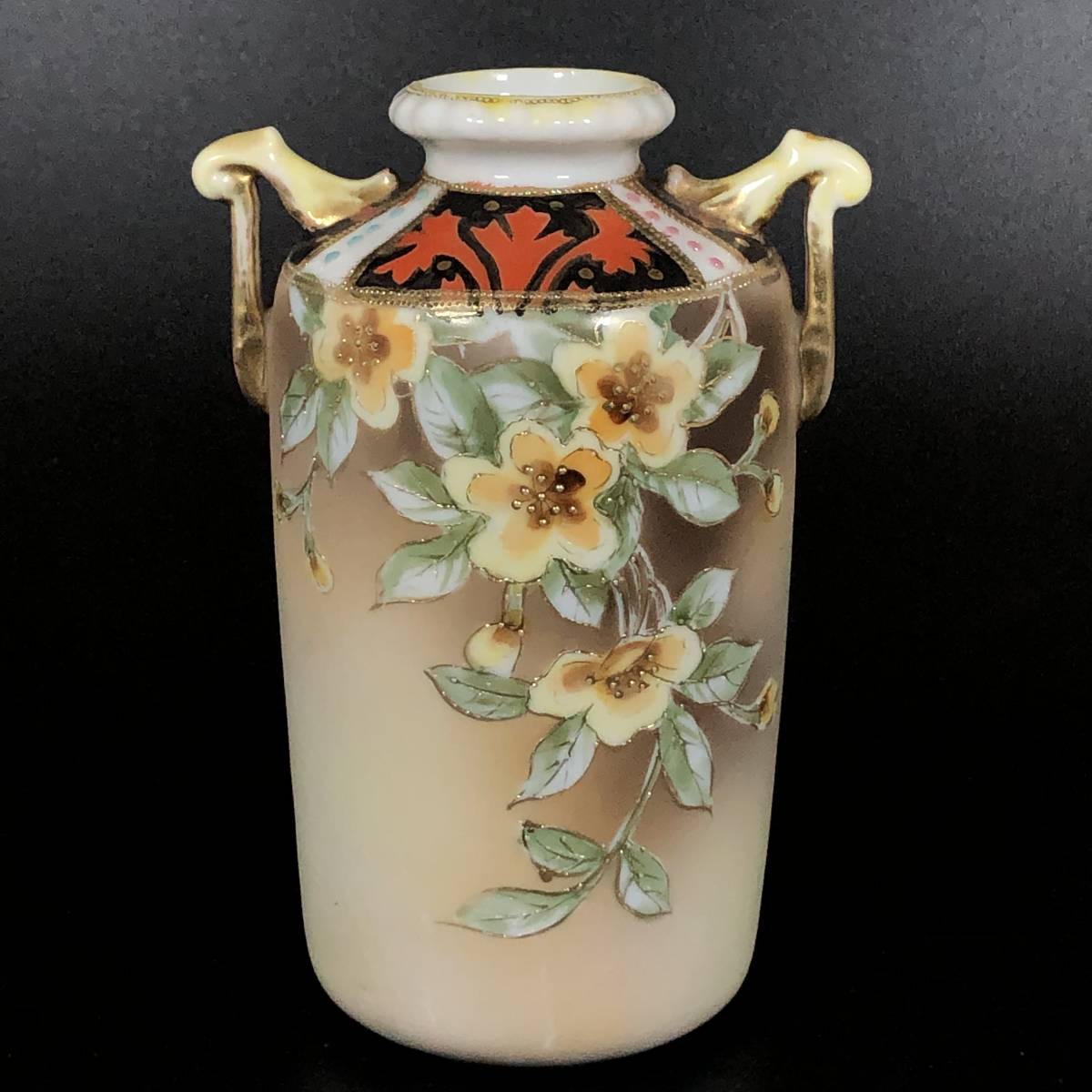 オールドノリタケ アトリエ・ブランカ 「花文金盛両耳花瓶」 「紅花文