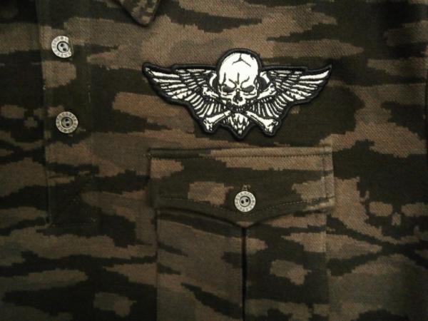 Vanson 「スカル」迷彩ニットジャガード 半袖ポロシャツ 緑L新品