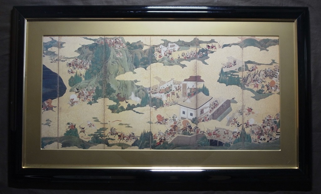 源平合戦圖『一ノ谷の戦い（源義経の鵯越の逆落し）』額装〔紙本巧芸