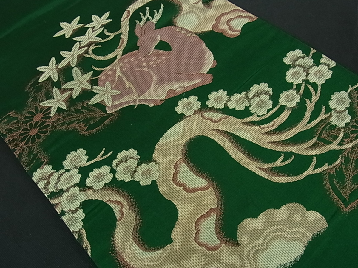 花美人着物□アンティーク 大正ロマン 両面六通柄袋帯 鹿 花 逸品