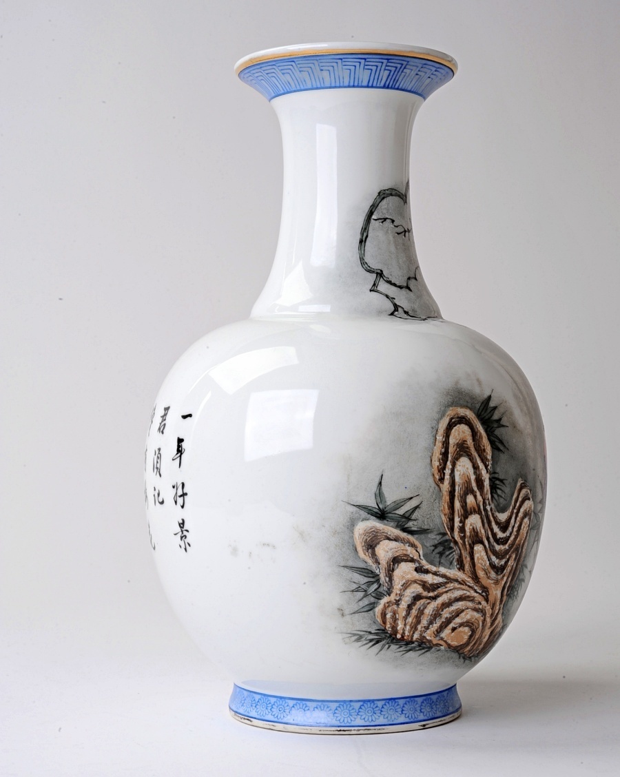 景徳鎮 希少 花瓶 中国 青白磁 陶磁器 中国陶磁器 手描き花瓶 .: 釉裏