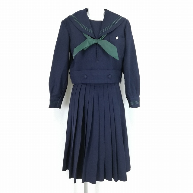 1円 セーラー服 スカート スカーフ 上下3点セット 冬物 長袖 緑3本線 女子 学生服 中学 高校 紺 制服 中古 ランクC EY6818