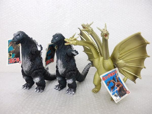 タグ付き バンダイ 1988年製 ゴジラ，キングギドラ ソフビ[梱0.1