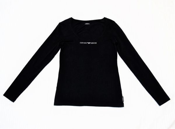 【2025夏季】 エンポリオアルマーニ スワロフスキーのARMANIロゴがお洒落 黒の長袖ストレッチTシャツ ロンT M(長袖Tシャツ)｜売買されたオークション情報、yahooの商品情報をアーカイブ公開 - オークファン 女性用