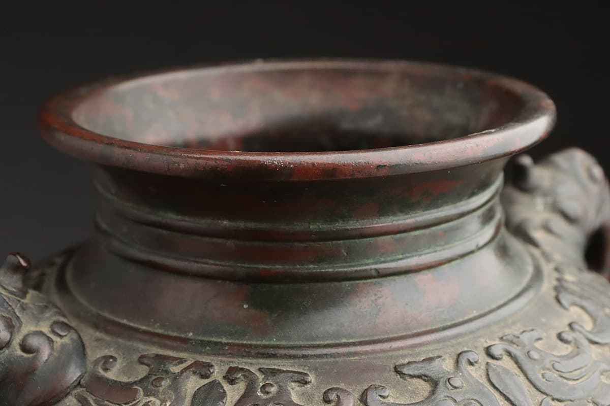 CZ728 時代物 斑紫銅饕餮紋双獸耳瓶・時代斑紫銅饕餮文双獣耳花瓶 高