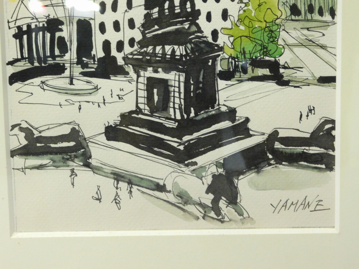 山根節雄 水彩画 トラファルガ広場(ロンドン) 風景画 額装 一線美術会