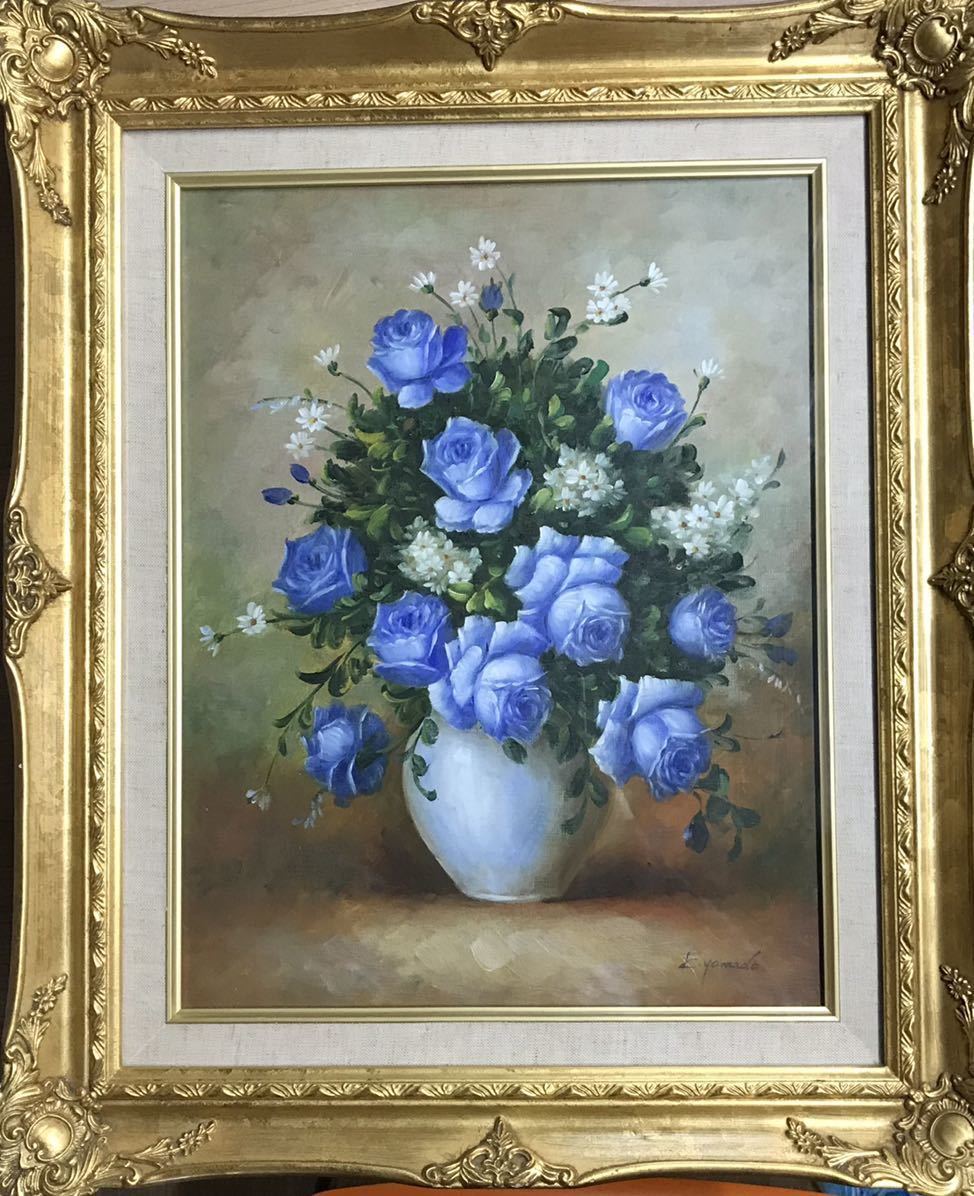 油絵/花瓶/白/花/青/つぼみ/葉っぱ/茶色/オレンジ/緑/55cm×47cm/A