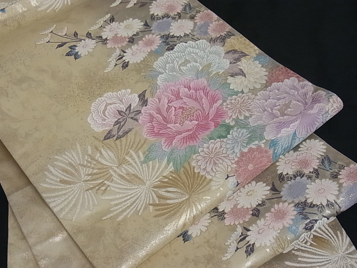 金銀糸 正絹 逸品 | 市松草花文 全通柄九寸名古屋帯 平和