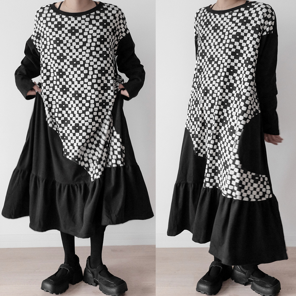 モノトーン 裾フレア 長袖ロングワンピース モード系 Ssisil LONDA 