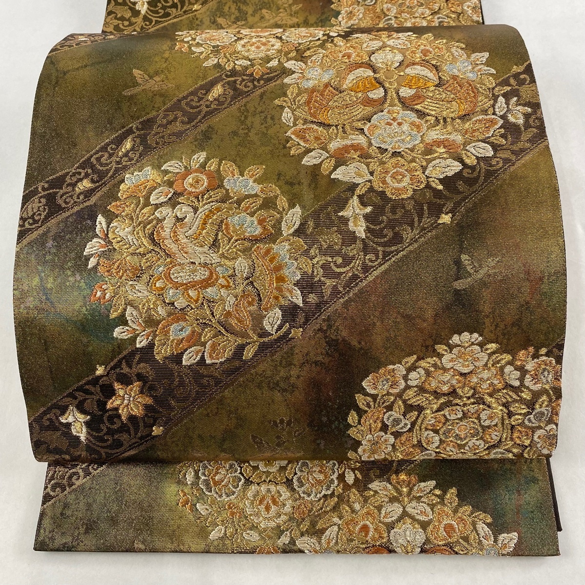 新品，セール 袋帯 秀品 瑞宝 向かい鳥 華文 箔 金銀糸 茶緑色 六通 正絹(仕立て上がり)｜売買されたオークション情報、yahooの商品情報をアーカイブ公開 - オークファン 仕立て上がり
