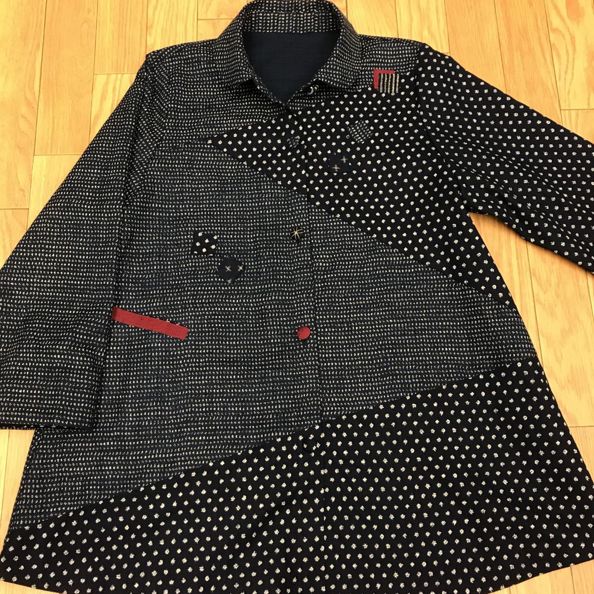 絣プリントシャツジャケット　(検索用　大島紬　パッチワーク　和柄　古布　着物　久留米絣　ハンドメイド　リメイク (検索用 久留米絣 パッチワーク 絣プリントパッチ トールペイントアン&amp;アンディ ジーンズプラザ摩耶葛西店