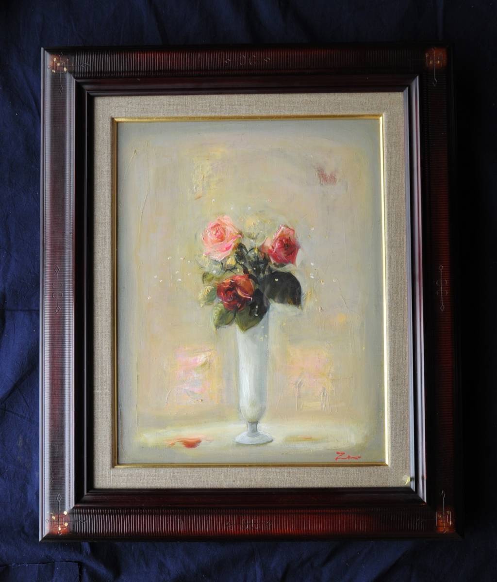 【真作】絵画　田中実　日本画10号　赤・橙・白の薔薇　華麗な花瓶図　Z27 田中善明 独立美術協会会友 【薔薇】 F6号 油彩 黄袋/差箱付 神奈川県