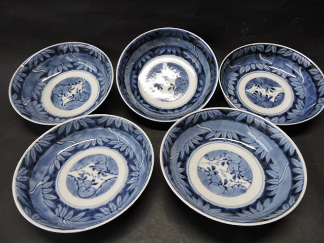 ☆［古伊万里 5客 ナマス皿 花卉文 染付 無疵完品 古作保証］ 和食器