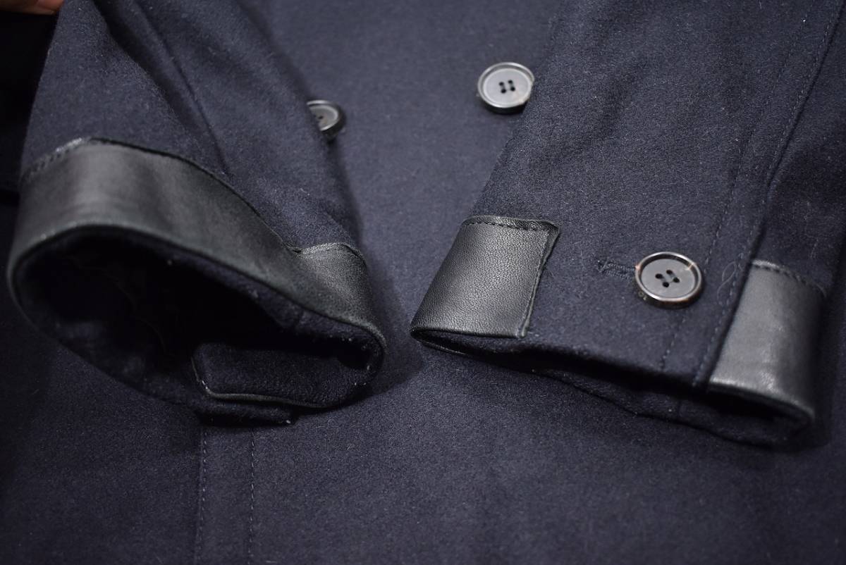 オールセインツ　ウールメルトンコート　Pコート　トルコ製 ALLSAINTS】トルコ製レザー使用メルトンウールPコート黒S180オール