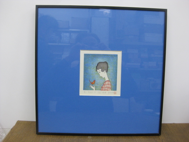 額装 木版画 竹久夢二 「赤い鳥」 249/300 彫摺・松永安生 二代目岩野 