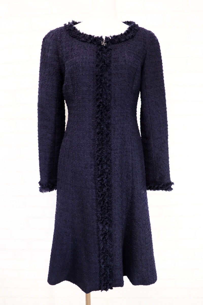 ☆訳有/美品2019☆Reneルネ/ノーカラー長袖ツイードワンピース：34