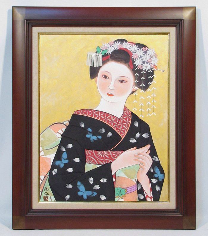三輪良平　「舞妓(共シール)」　額装１２号　揺るぎなき描線・麗しき色彩・淀みなき表現、岩彩表現の粋を尽くした、出色の舞妓図です 美術品 人物、菩薩