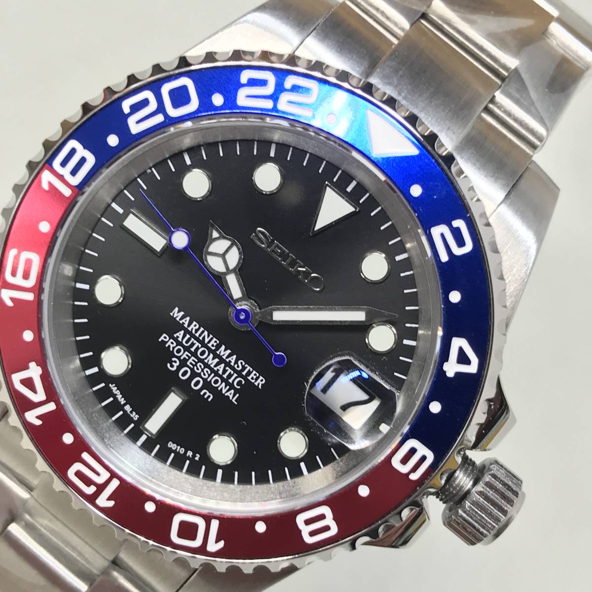 SEIKO MOD NH35 青針 ペプシGMT ブラックホワイトインデックス文字盤 