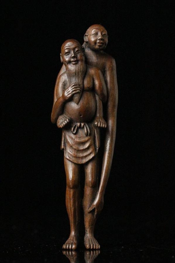 在銘 江戸時代 根付師 正友 ⁄ 時代物 柘植彫能面根付(大癋
