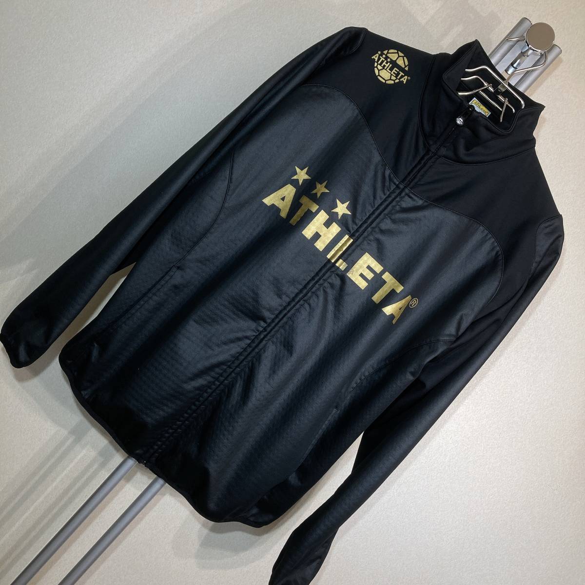 V491美品!□ATHLETAアスレタ☆黒/裏ワッフル起毛☆金ロゴZIPジャケット 