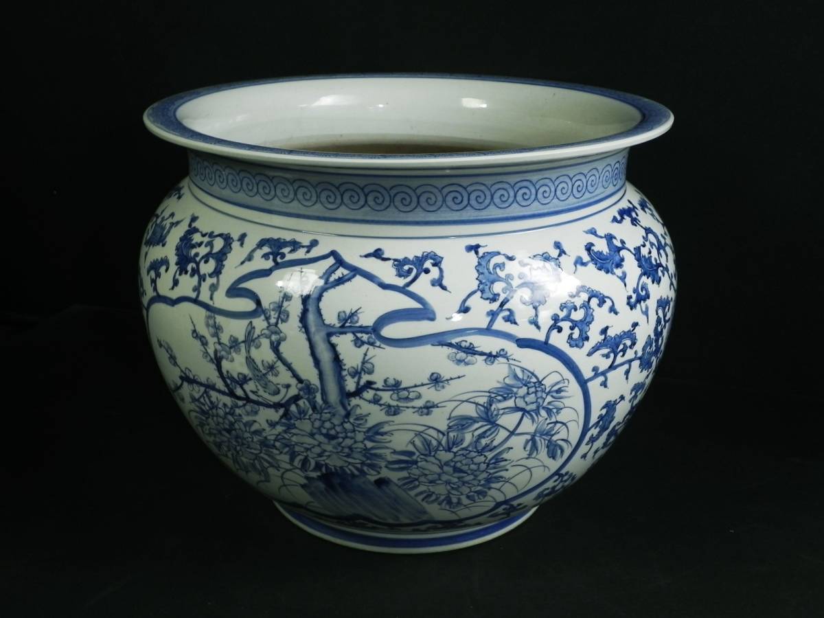染付大鉢 窓山水 染付梅樹木菊牡丹図 ［ 幅50cm ］ 鉢植