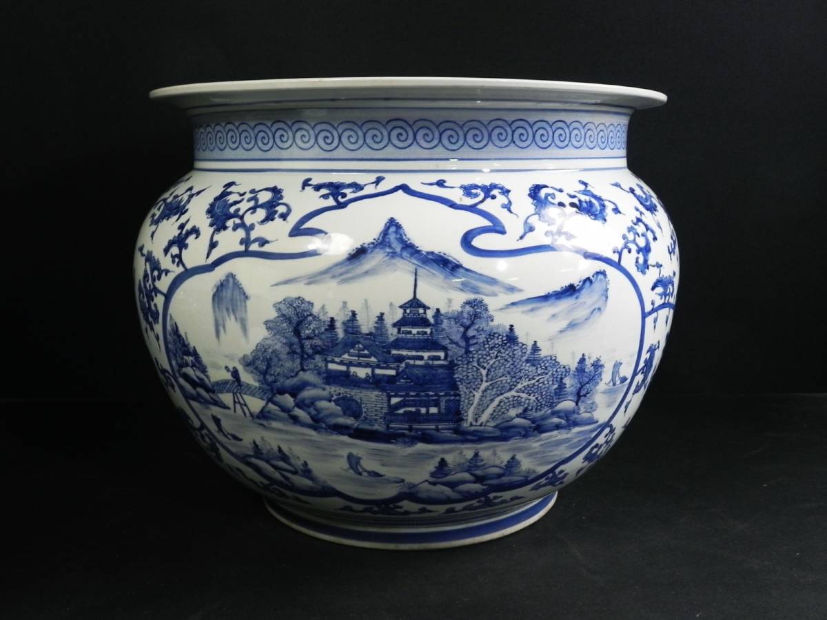 染付大鉢 窓山水 染付梅樹木菊牡丹図 ［ 幅50cm ］ 鉢植