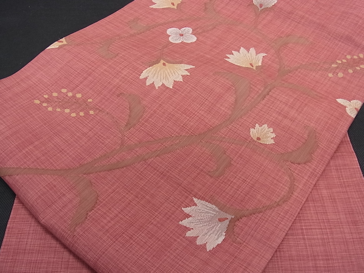 名古屋帯 正絹 長さ375cm 気品 花唐草 茶 六通柄 九寸帯