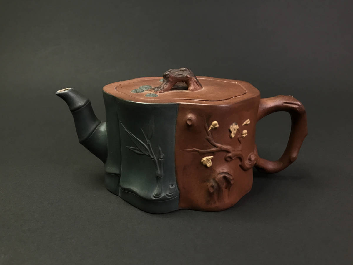 中国茶器 宜興茶壷 宜興紫砂茶壷 輪竹壷 陶印在 急須 中国古玩 急須 朱泥 中国古玩 中国宜興 紫砂壷 宜興紫砂 宜兴紫砂博物馆- 漢詩 花
