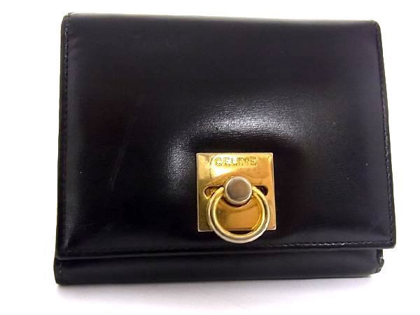 1円 CELINE セリーヌ レザー ガンチーニ金具 ゴールド金具 三つ折り 