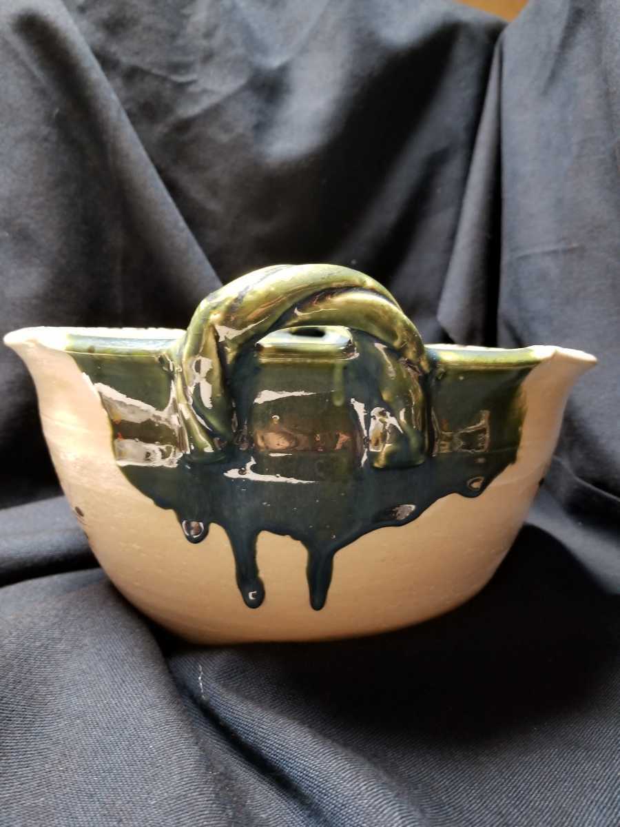 茶道具【織部焼 水鉢】睡蓮鉢【木製 柄杓付】 手洗い鉢 茶室 手水鉢