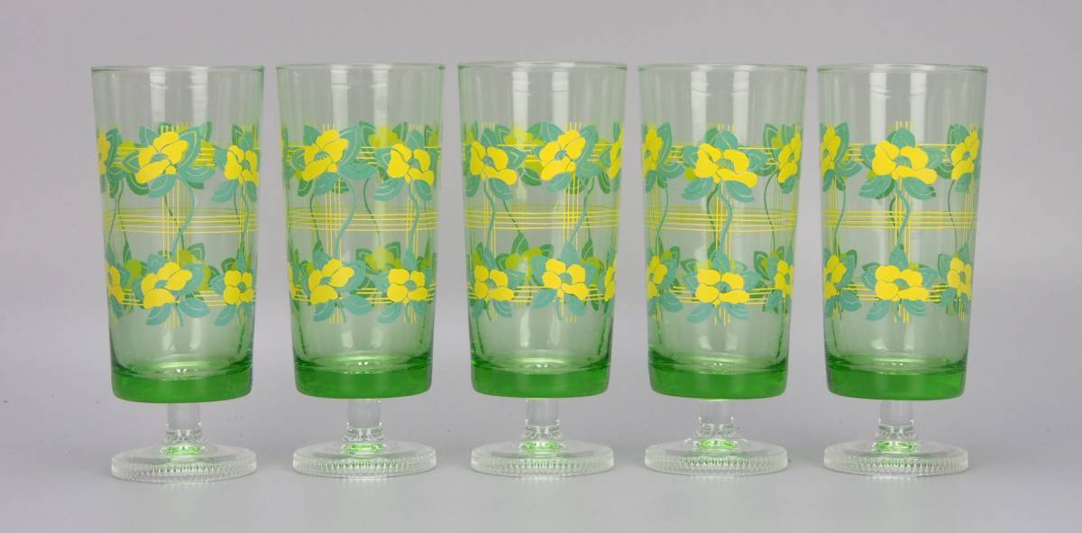 AZ-968 アデリア 脚付き 花柄 グラス 5脚セット 朝顔 黄色 緑 イエロー