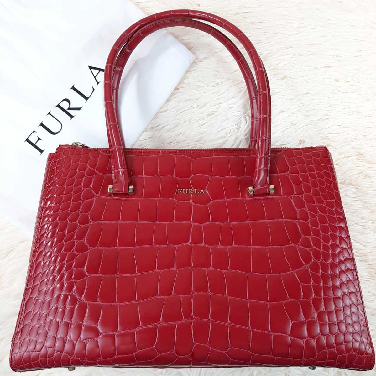 極美品】FURLA フルラ トートバッグ ハンドバッグ クロコ型押し レザー 