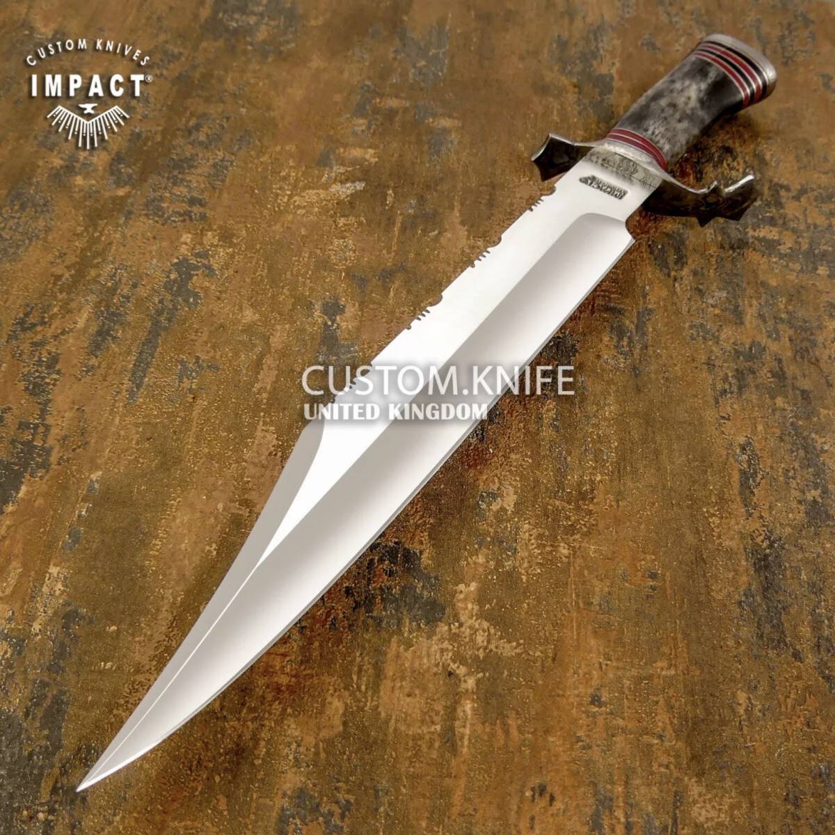 イギリス IMPACT製 ☆ カスタム ナイフ - Yahoo!オークション ダマスカス鋼 カスタムナイフ ☆大型 全長54.8cm バールウッド 驚きの値段 全長３９.５㎝ カスタムボウイ ダブルロックインレイ