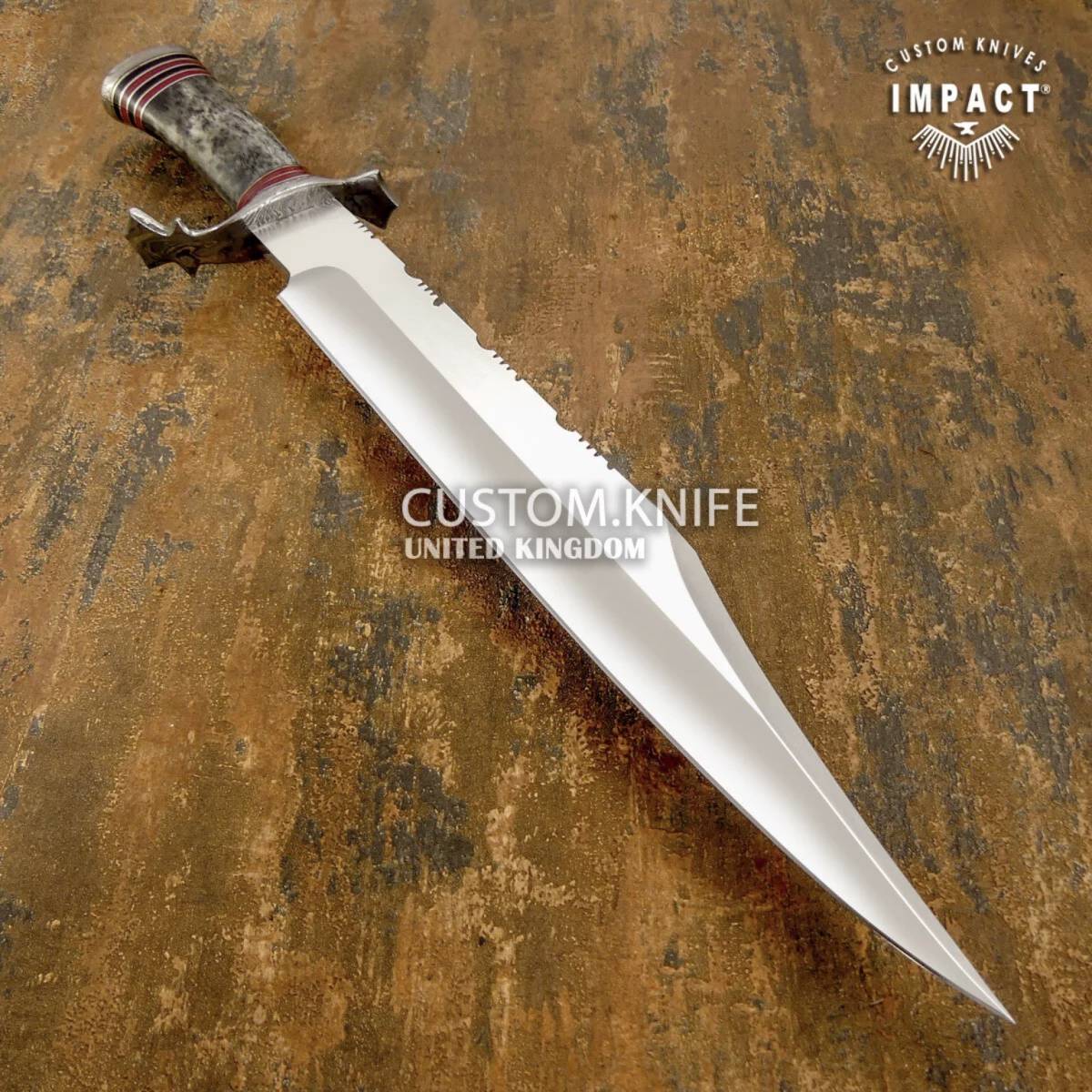 イギリス IMPACT製 ☆ カスタム ナイフ - Yahoo!オークション ダマスカス鋼 カスタムナイフ ☆大型 全長54.8cm バールウッド 驚きの値段 全長３９.５㎝ カスタムボウイ ダブルロックインレイ