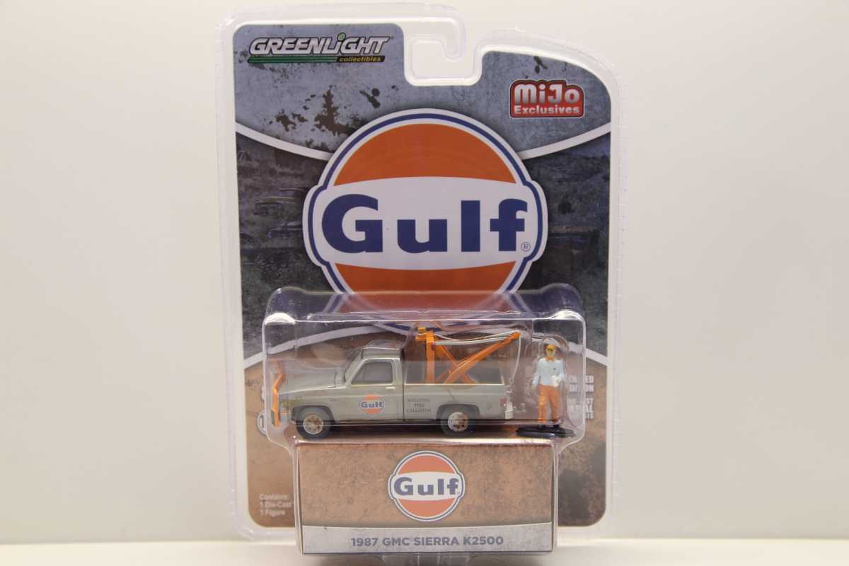 【チェイス・シークレット】Mijo特注 グリーンライト 1/64 1987 GMC シエラ K2500 トウトラック ブルー ガルフ フィギュア付 43Ai80