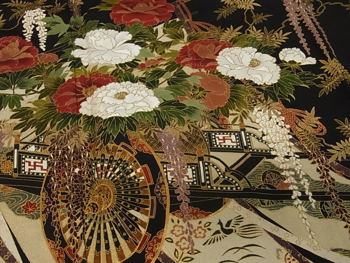 花美人着物□豪華黒留袖 松尾光琳 駒刺繍 几帳花車図 光琳本金箔 