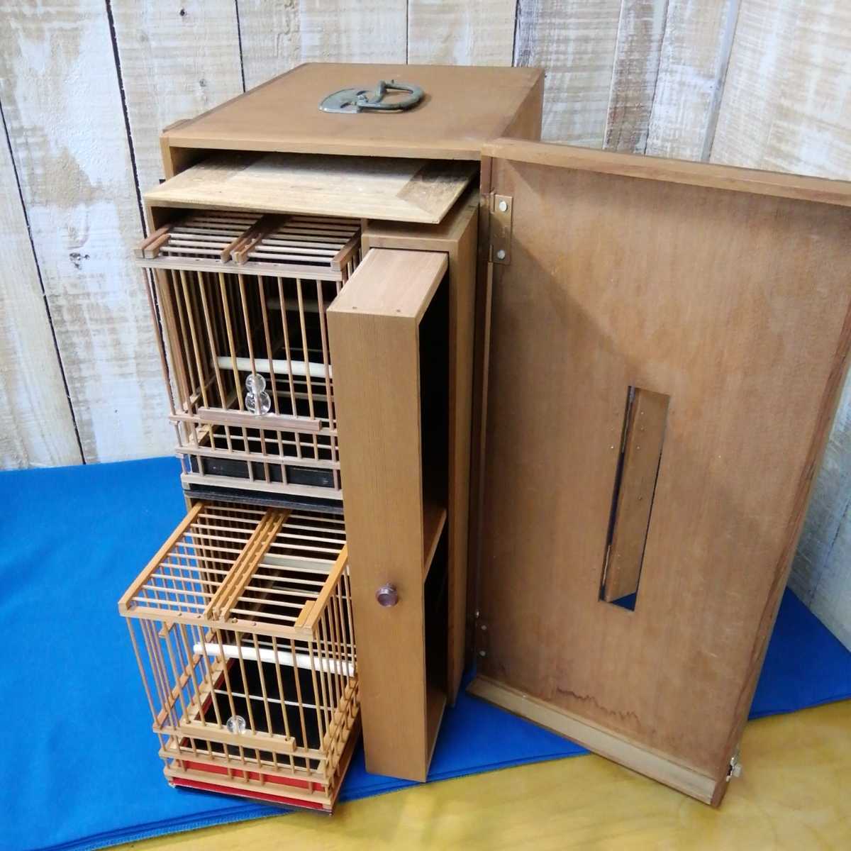 竹製鳥かご×2と寝箱】鳥籠 小鳥 竹細工 木箱(寝箱)付 竹製飼育箱 覗き  