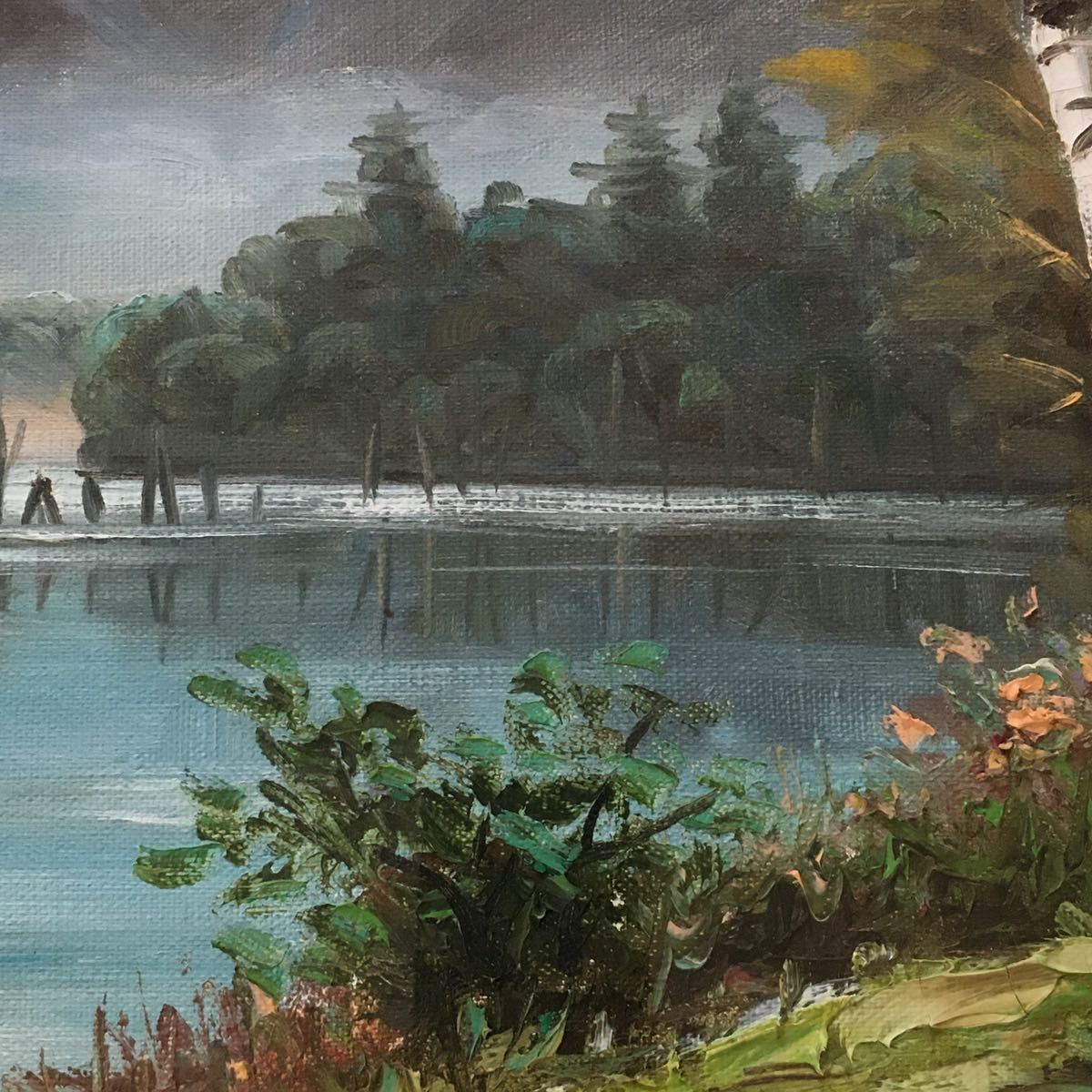 油絵 R.Fukuhara 穂高と大正池 信州上高地 油彩 絵画 風景画 額装 自然