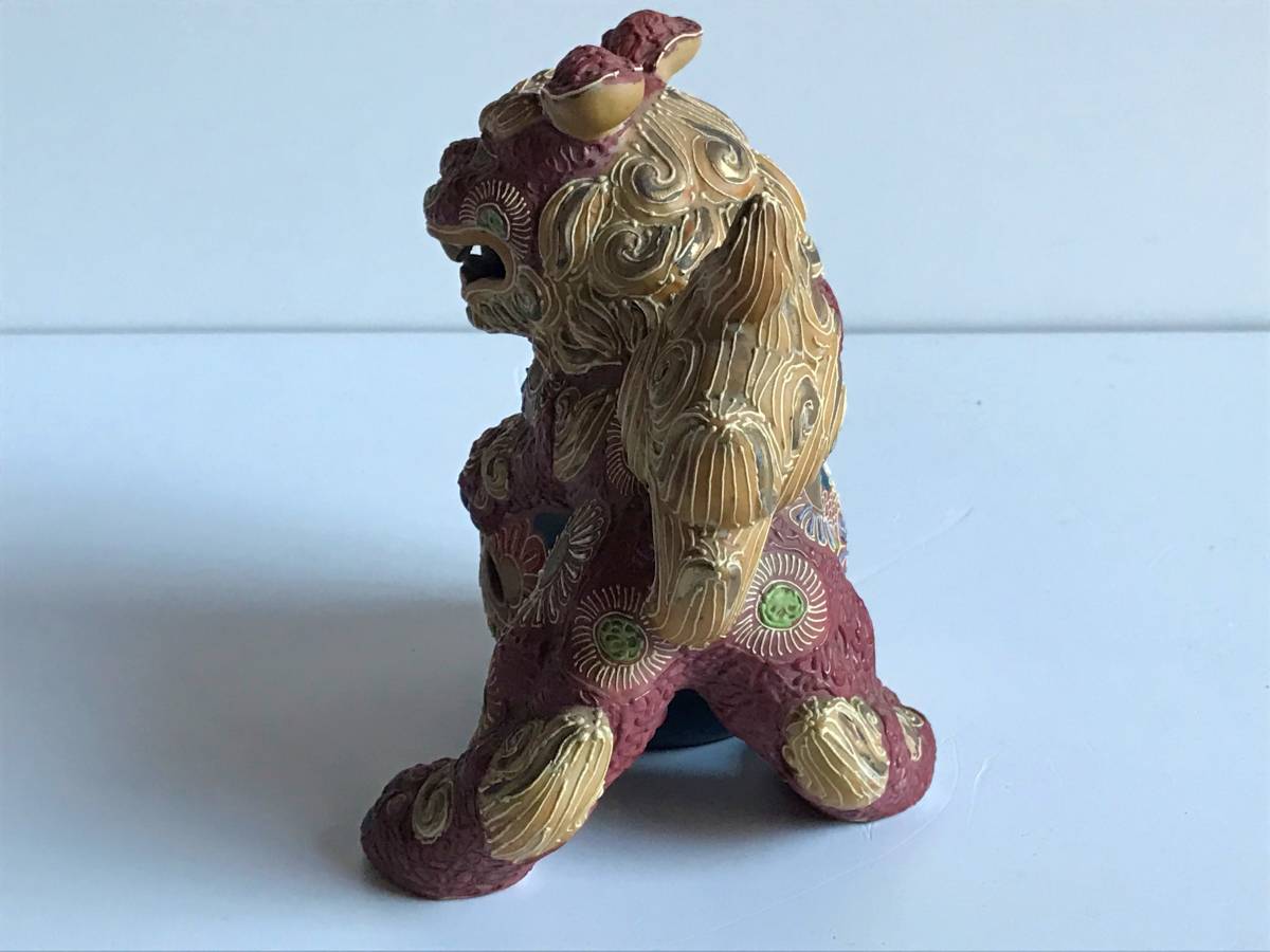 玉乗り獅子 九谷焼 玉獅子 金彩 色絵 縁起物 置物 赤 高さ約25cm X687