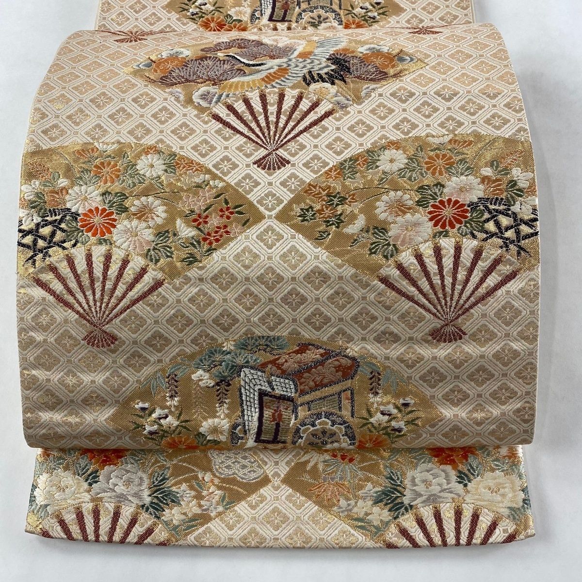 袋帯 正絹 箔 金糸 六通 秀品 美品 ベージュ 華文 中古 良品 フォーマル用