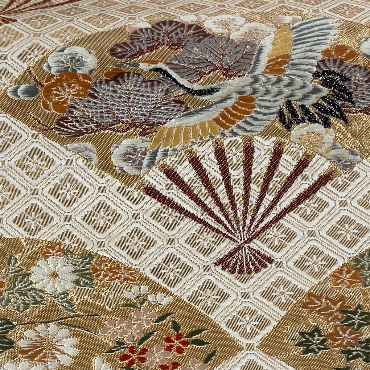 袋帯 正絹 箔 金糸 六通 秀品 美品 ベージュ 華文 中古 良品 フォーマル用
