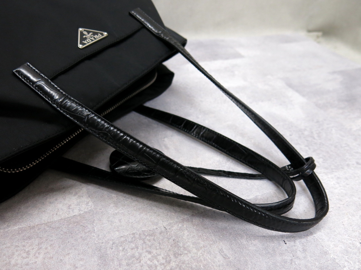 ○超美品○PRADA プラダ○ポコノ ナイロン クロコ 型押し レザー 本革 