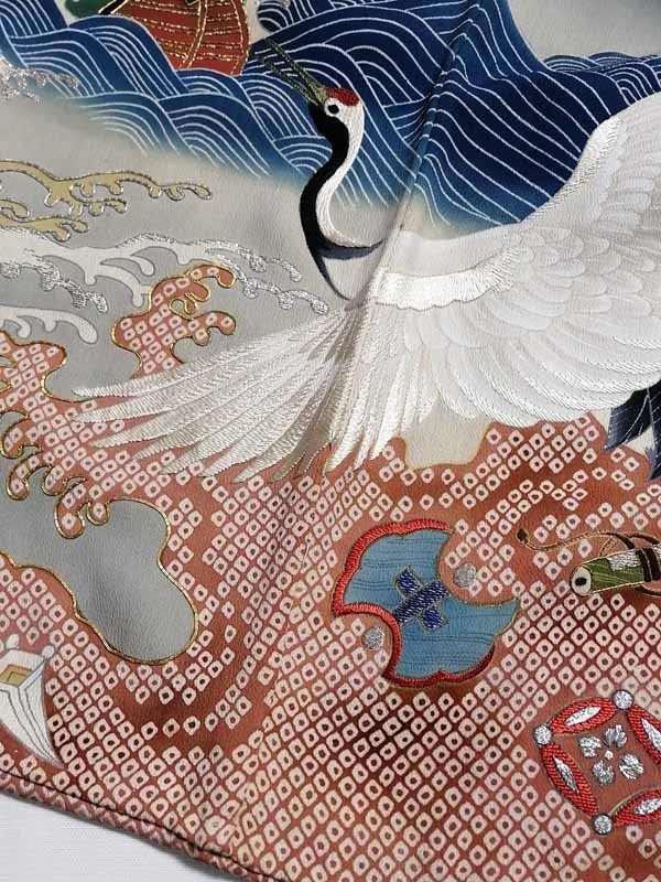 ☆きものさらさ アンティーク着物帯☆黒留袖 船 帆船 刺繍 鶴 波 豪華