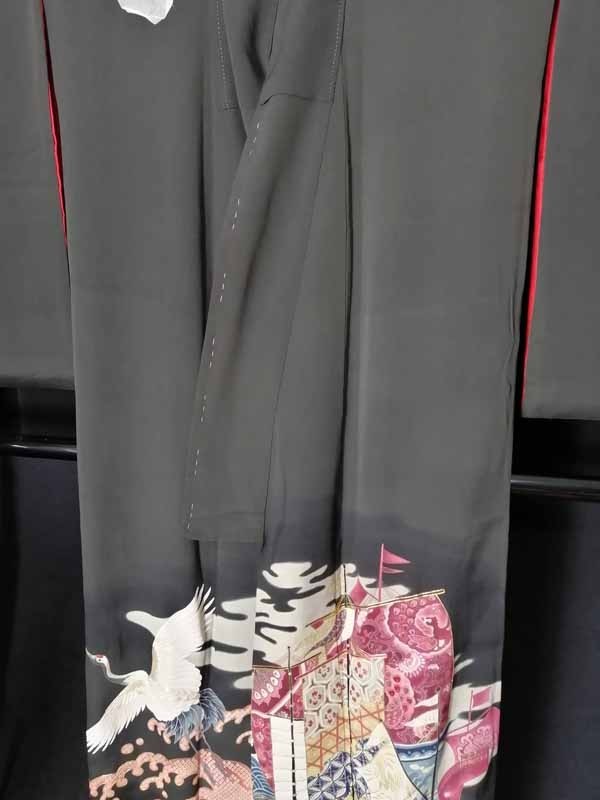 ☆きものさらさ アンティーク着物帯☆黒留袖 船 帆船 刺繍 鶴 波 豪華