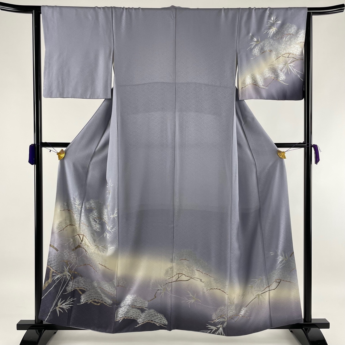 訪問着 美品 逸品 松 竹 銀彩 ラメ 青灰色 袷 身丈159cm 裄