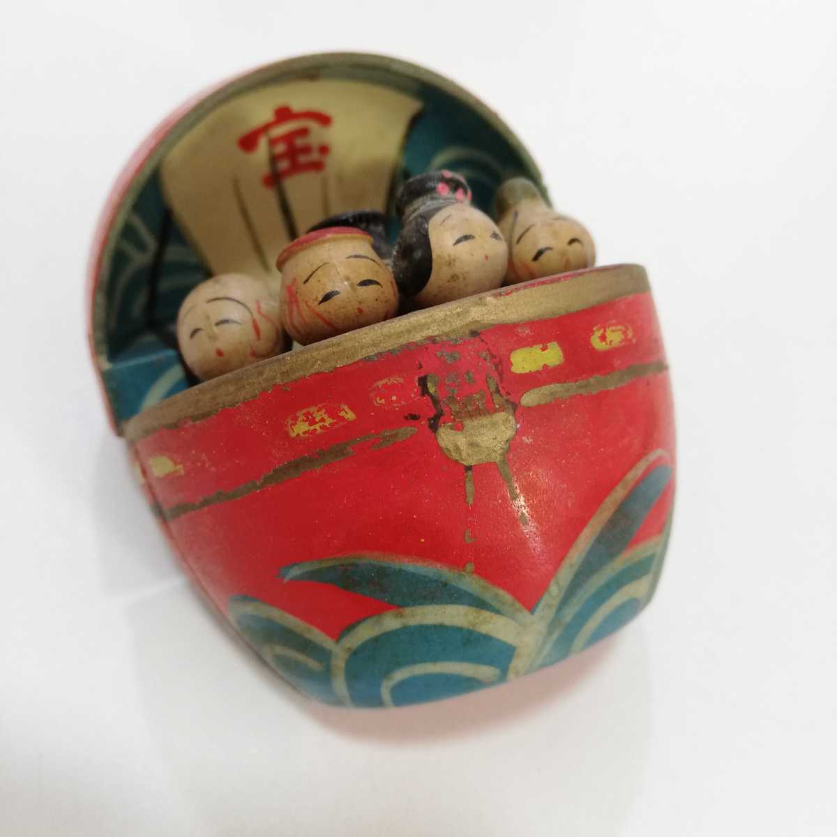 希少 1950年代 創作こけし 七福神 宝船 置物 5.6cm [歌舞伎座 土産物 