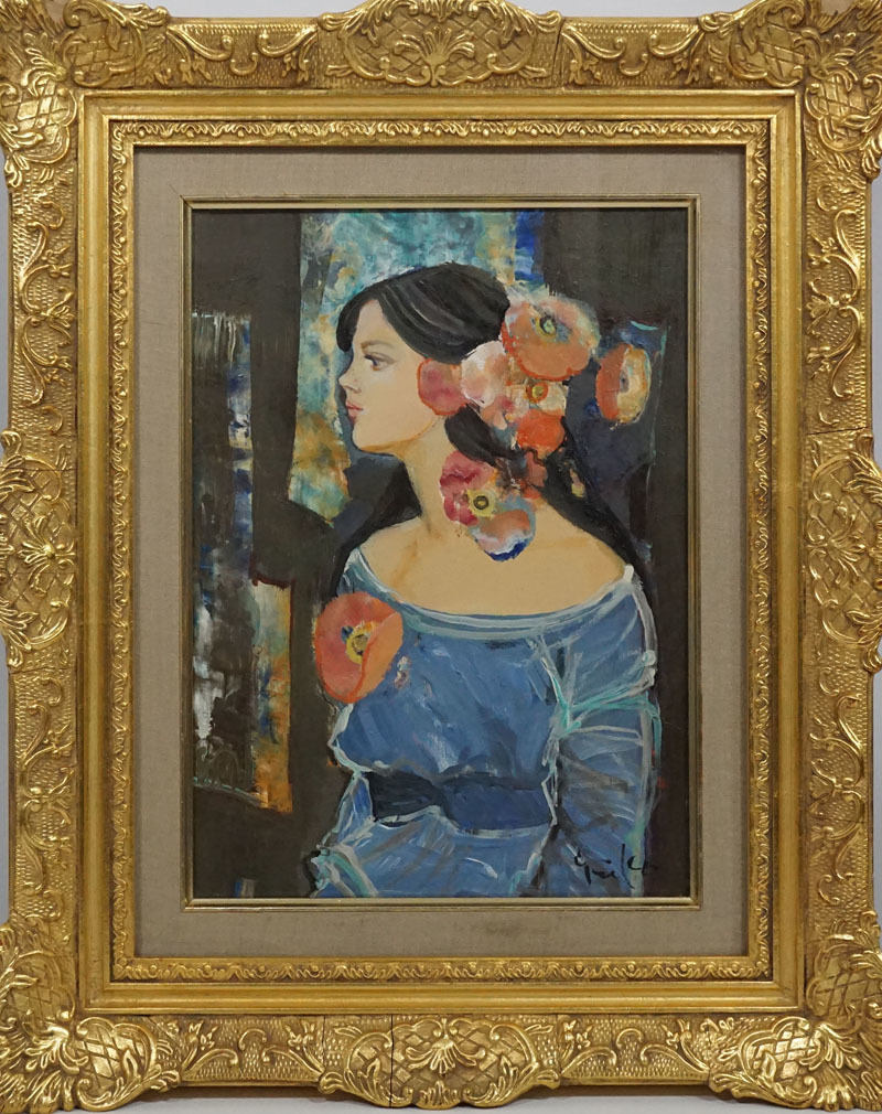 D729◇女流画家【中島裕子】 油彩4号 「長い髪のプロフィール」 師